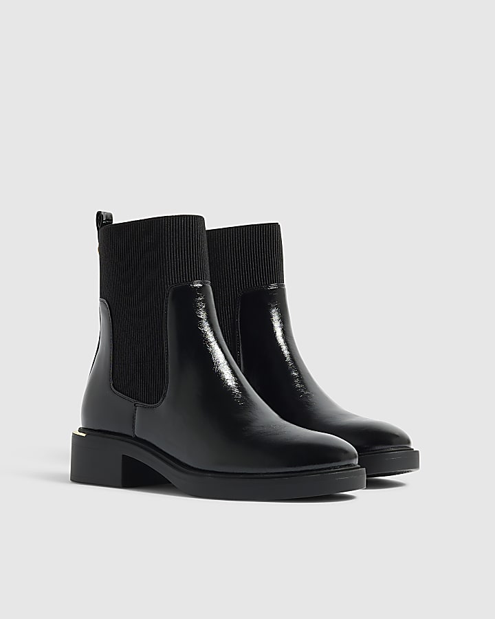 Black Wide Fit Faux Leather Ankle Boots