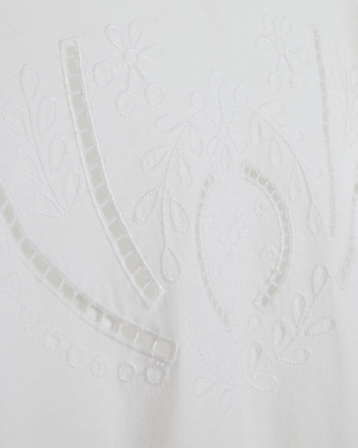 White Cotton Embroidered Cutwork T-Shirt