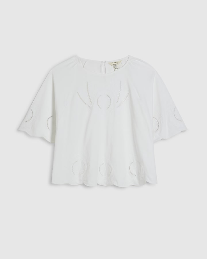 White Cotton Embroidered Cutwork T-Shirt