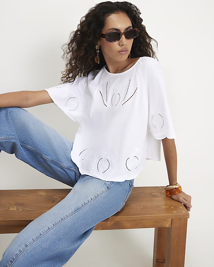 White Cotton Embroidered Cutwork T-Shirt