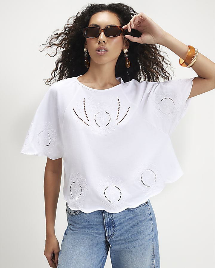 White Cotton Embroidered Cutwork T-Shirt