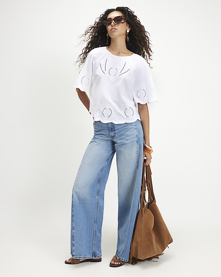 White Cotton Embroidered Cutwork T-Shirt