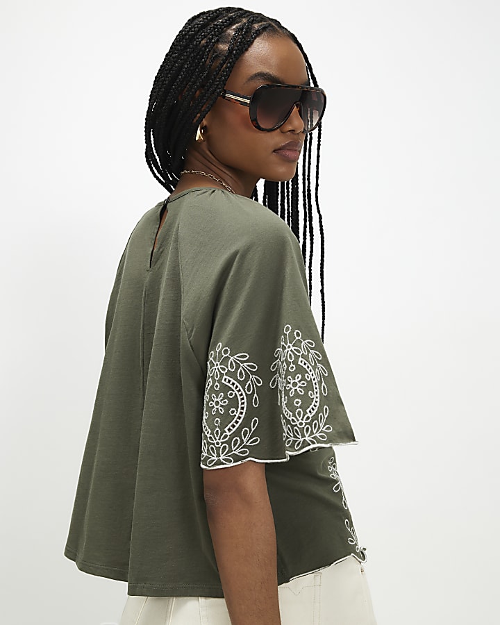Khaki Cotton Embroidered Cutwork T-Shirt