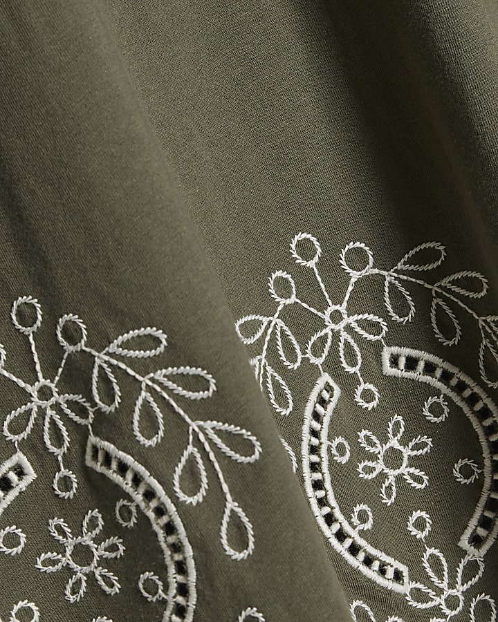 Khaki Cotton Embroidered Cutwork T-Shirt