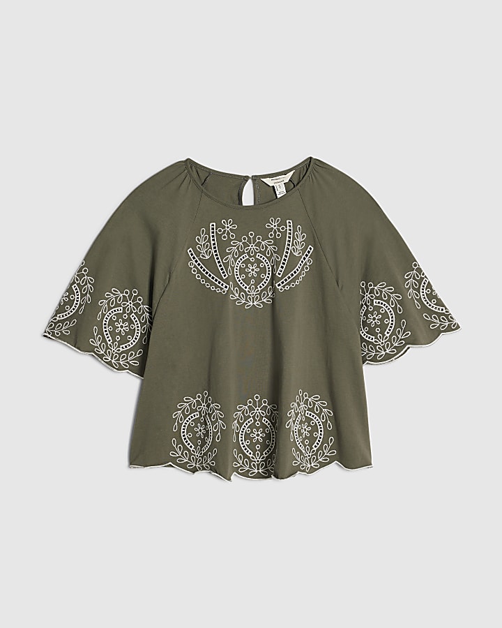 Khaki Cotton Embroidered Cutwork T-Shirt