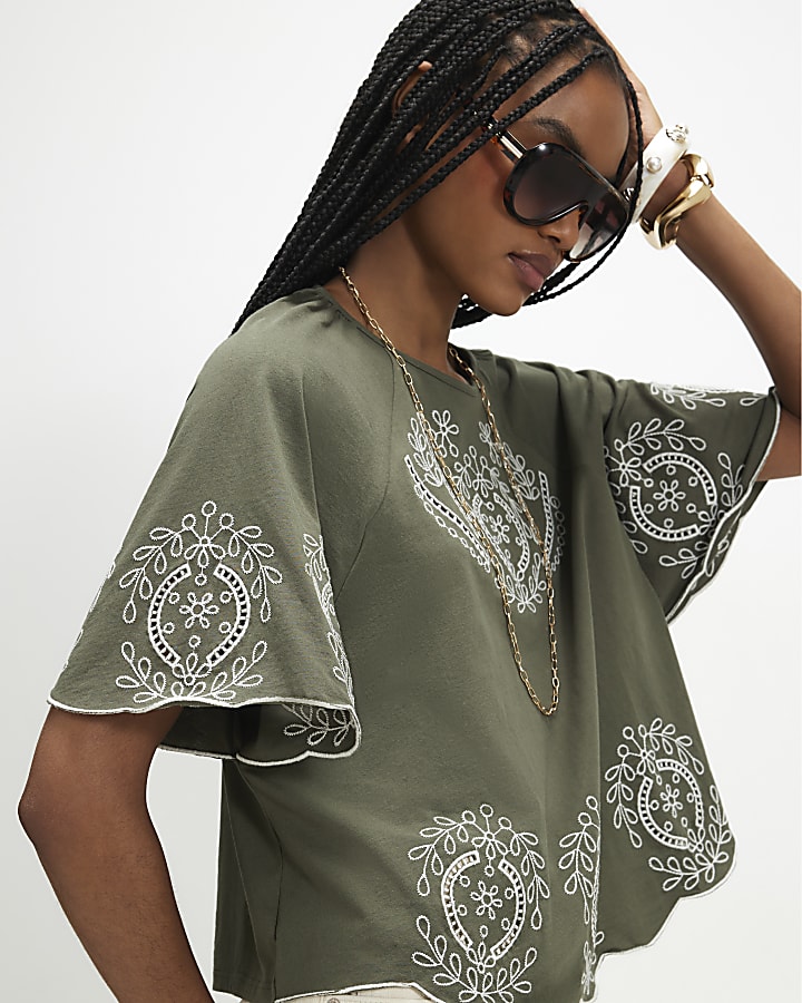 Khaki Cotton Embroidered Cutwork T-Shirt