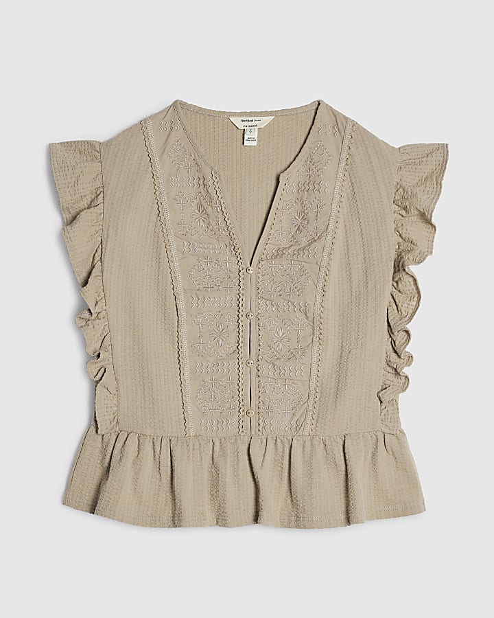 Beige Cotton Jersey Button Up Blouse