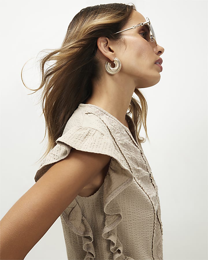 Beige Cotton Jersey Button Up Blouse