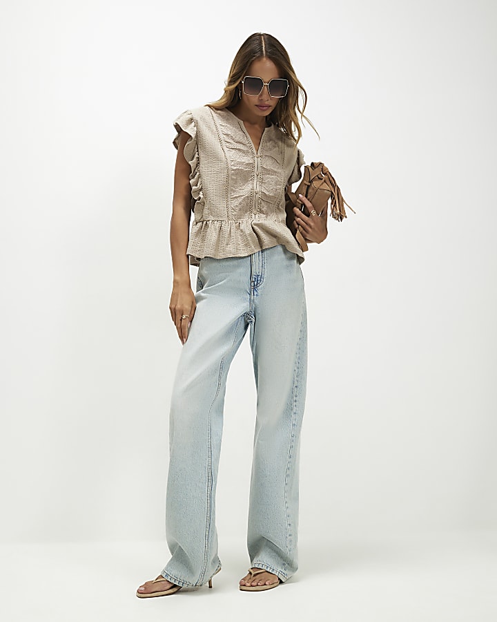 Beige Cotton Jersey Button Up Blouse