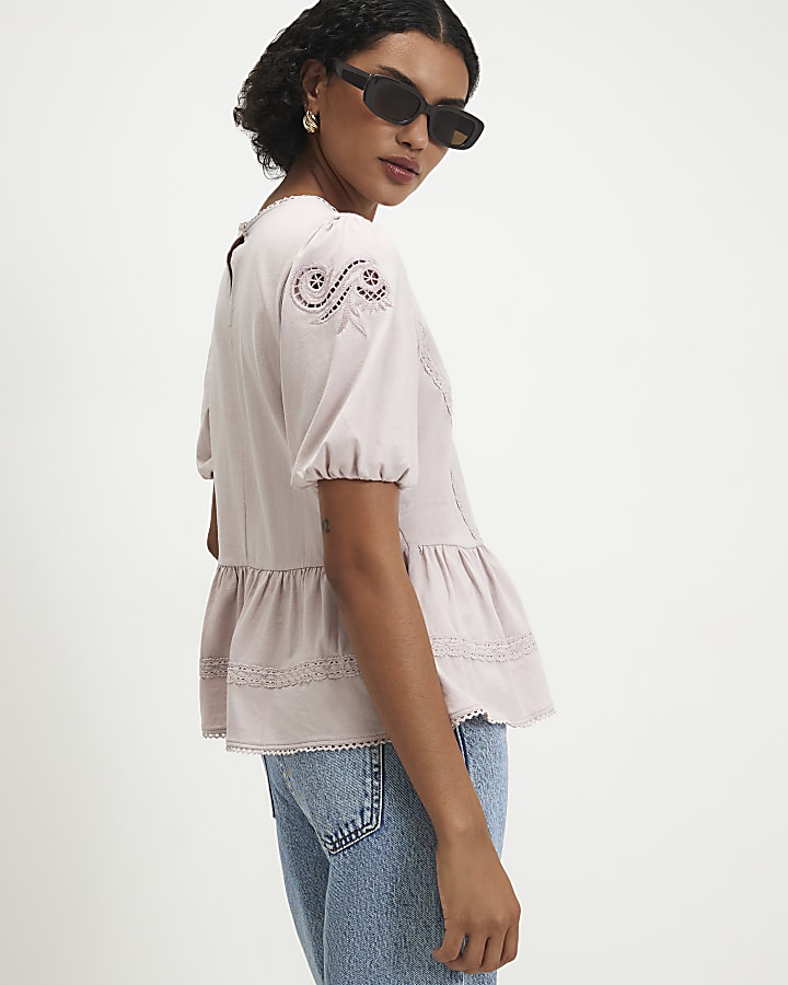 Pink Embroidered Lace Peplum T-Shirt