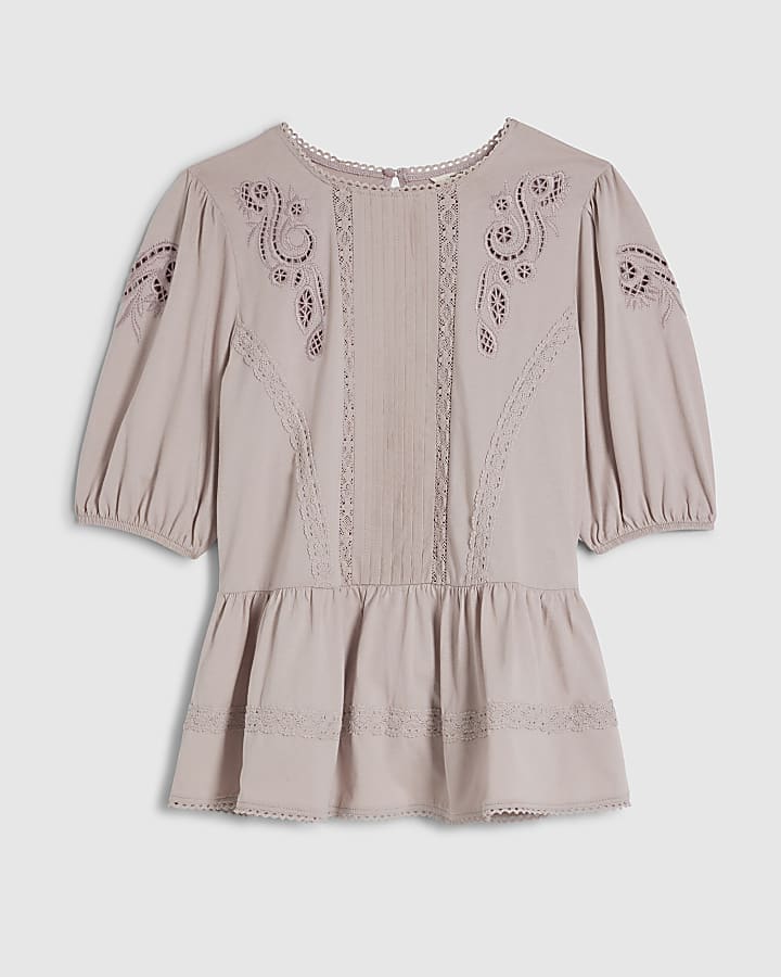 Pink Embroidered Lace Peplum T-Shirt