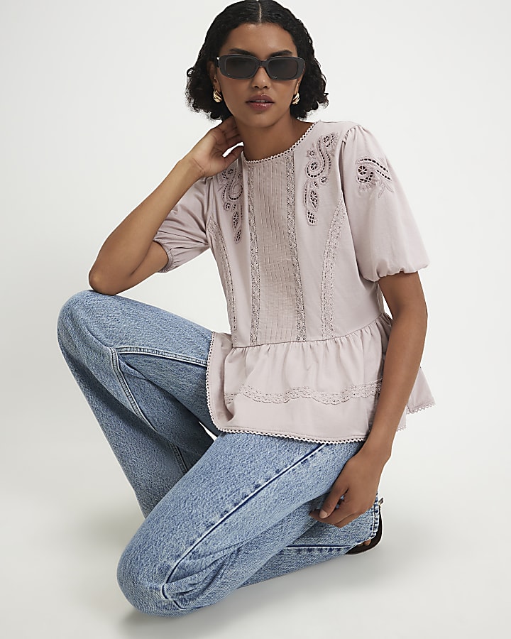Pink Embroidered Lace Peplum T-Shirt