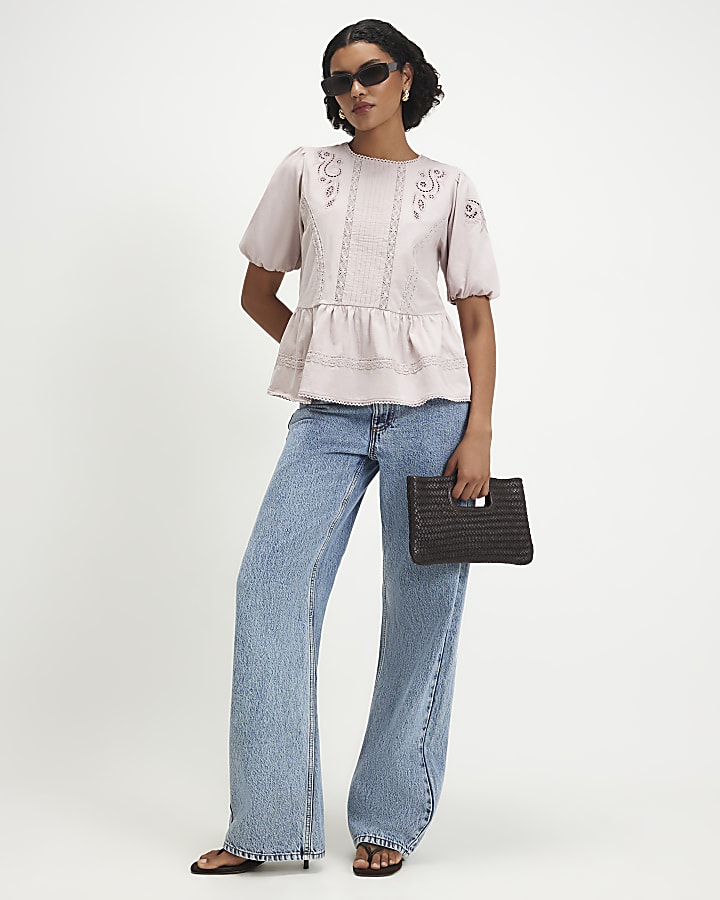 Pink Embroidered Lace Peplum T-Shirt
