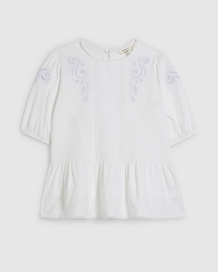 White Embroidered Lace Peplum T-shirt