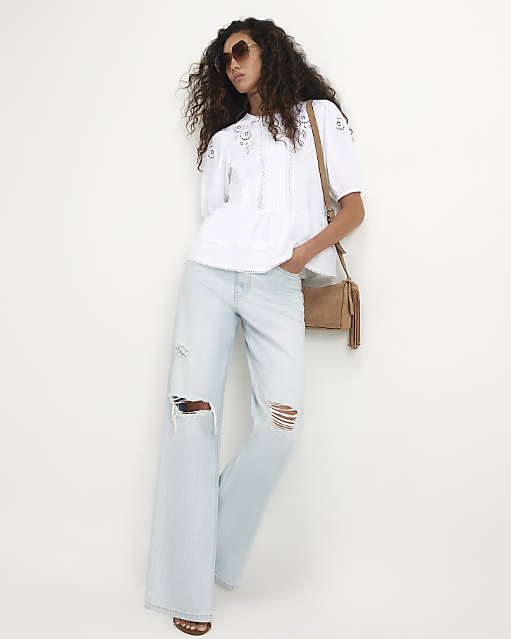 White Embroidered Lace Peplum T-shirt