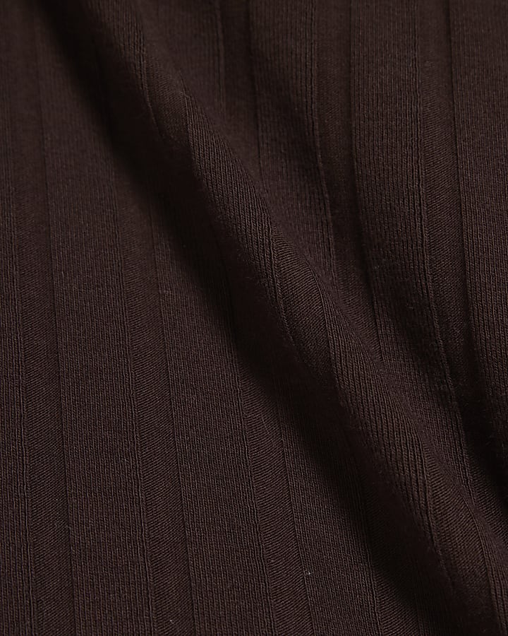 Brown Long Sleeve Wide Rib V Neck Top