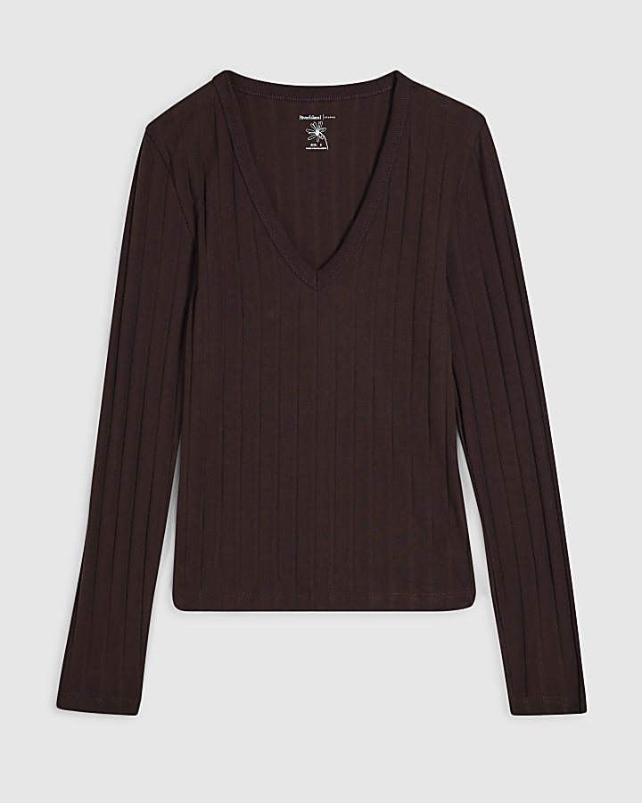 Brown Long Sleeve Wide Rib V Neck Top