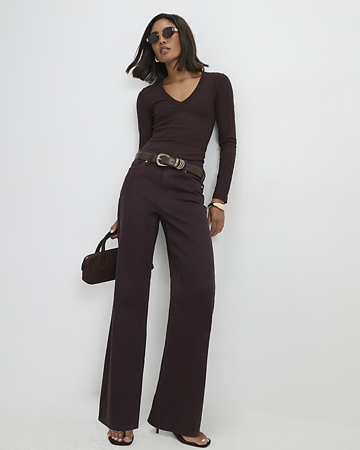 Brown Long Sleeve Wide Rib V Neck Top