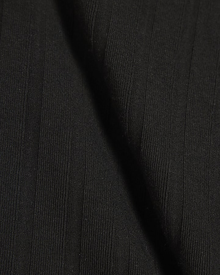 Black Long Sleeve Wide Rib V Neck Top