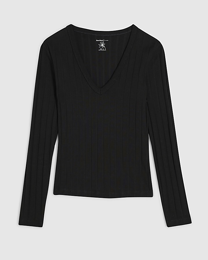 Black Long Sleeve Wide Rib V Neck Top