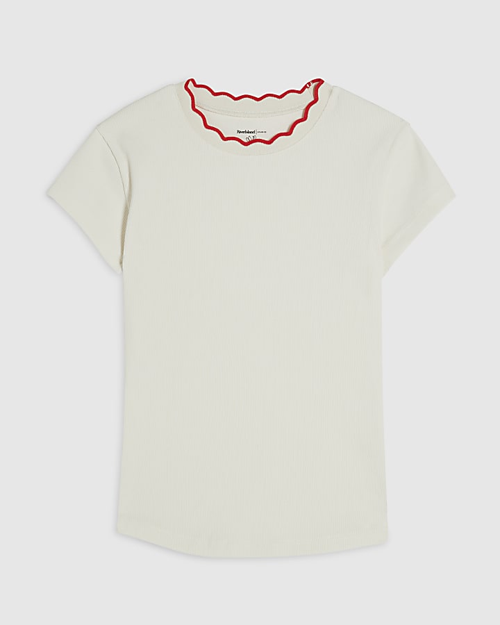 White Cotton Blend Scallop Trim T-Shirt