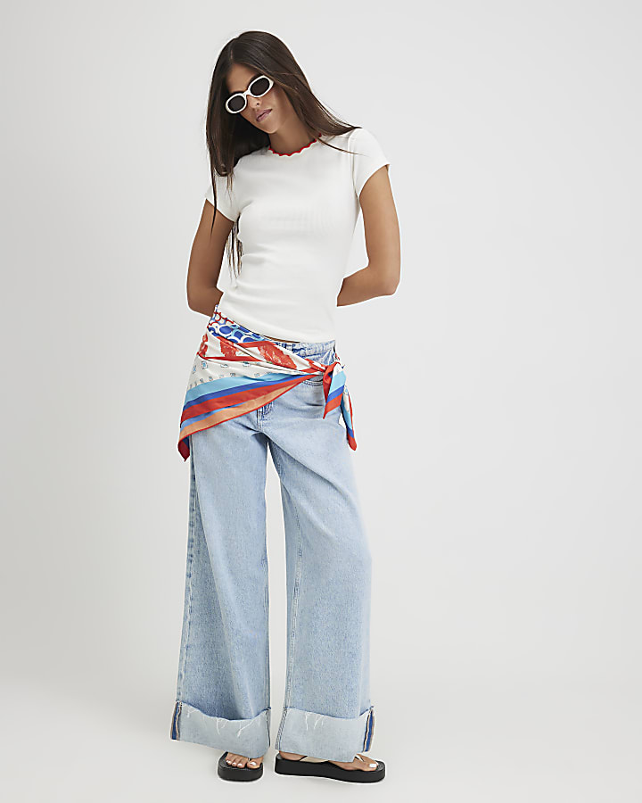 White Cotton Blend Scallop Trim T-Shirt