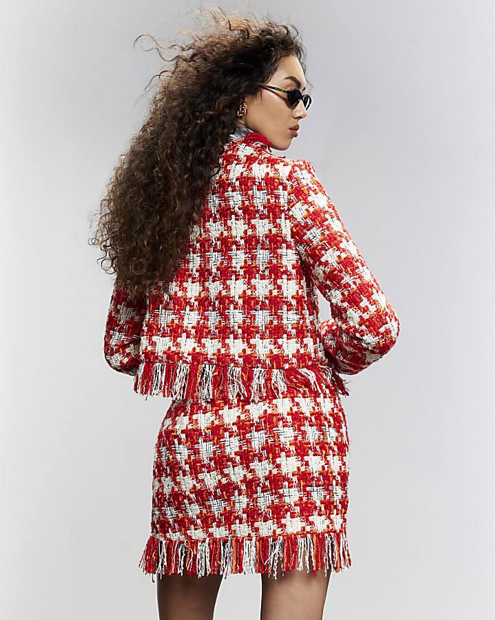 Red Check Boucle Tailored Skirt