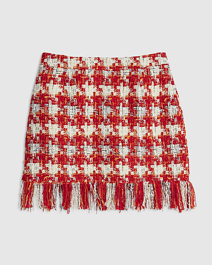 Red Check Boucle Tailored Skirt