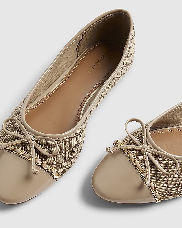 Beige Monogram Toe Cap Bow Ballet Flats