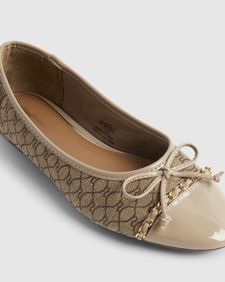 Beige Monogram Toe Cap Bow Ballet Flats