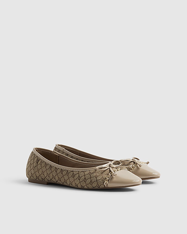 Beige Monogram Toe Cap Bow Ballet Flats