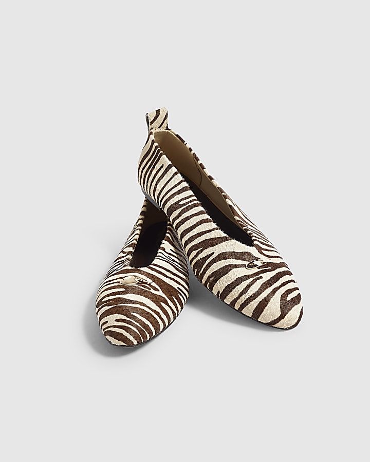 White Leather Zebra Pointed Toe Ballet Shoes