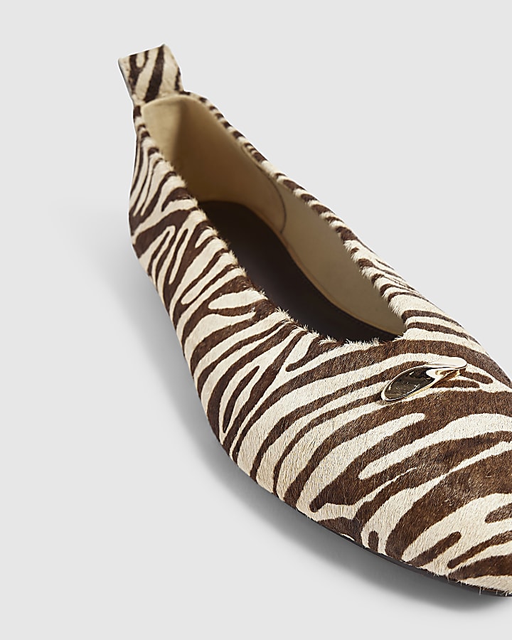 White Leather Zebra Pointed Toe Ballet Shoes