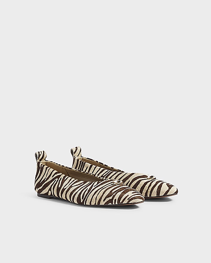 White Leather Zebra Pointed Toe Ballet Shoes
