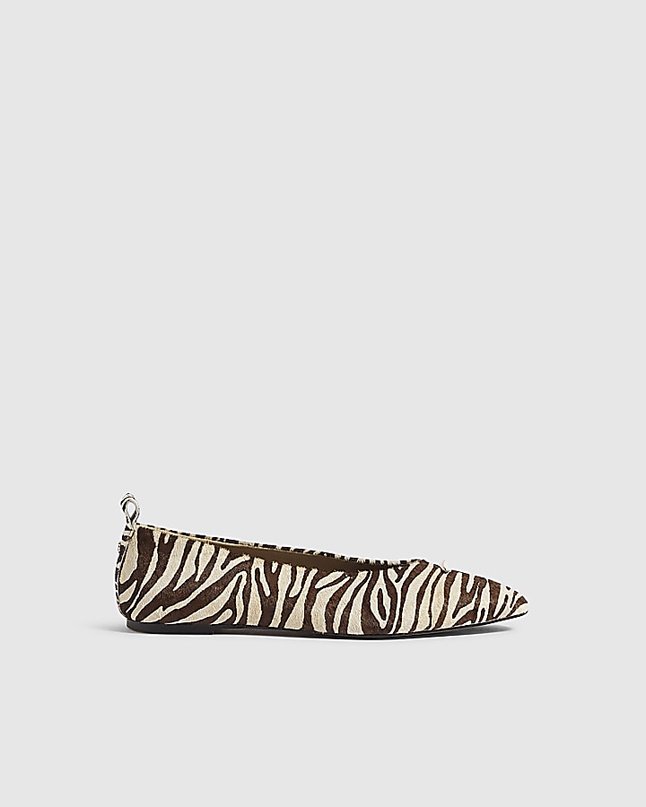 White Leather Zebra Pointed Toe Ballet Shoes