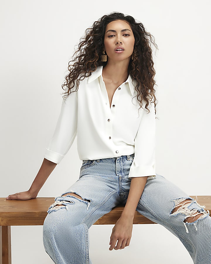 White Turnback Sleeve Shirt