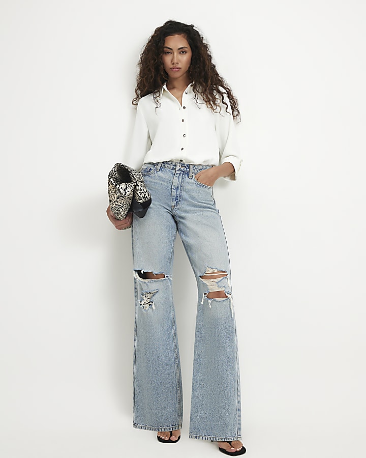White Turnback Sleeve Shirt