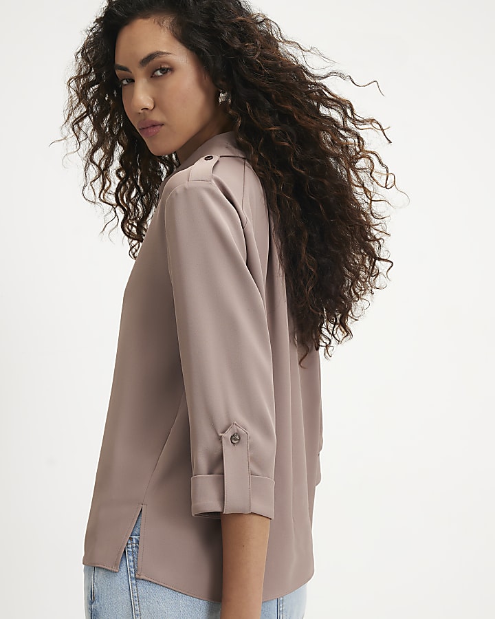 Brown Turnback Sleeve Shirt