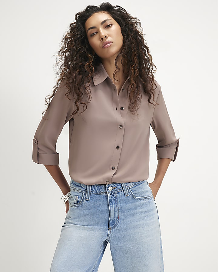 Brown Turnback Sleeve Shirt