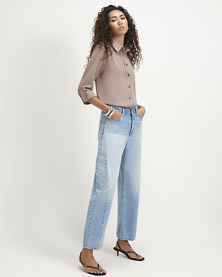 Brown Turnback Sleeve Shirt