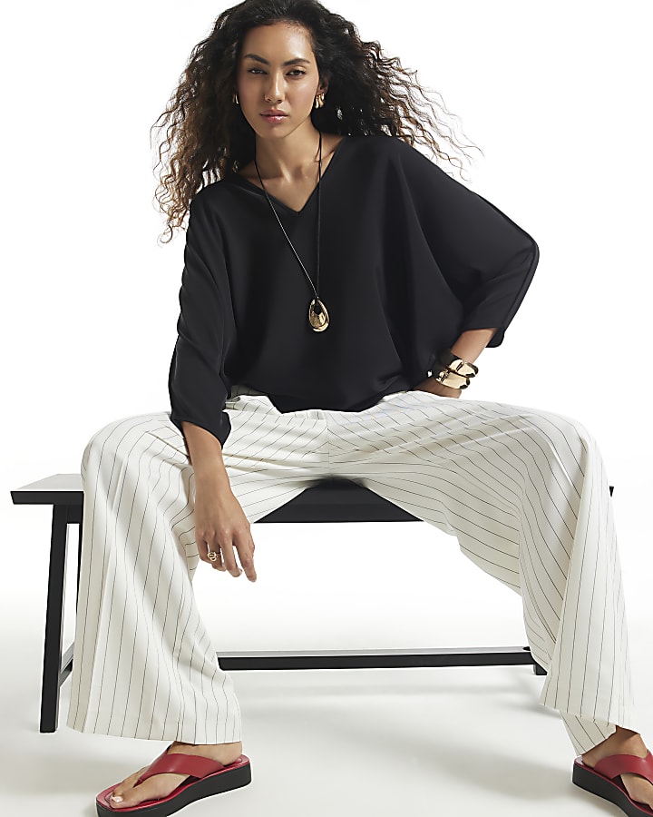 Black V Neck Batwing Top