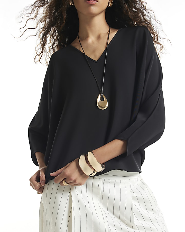 Black V Neck Batwing Top