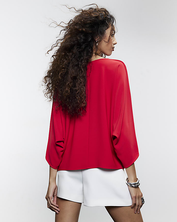 Red V Neck Batwing Top