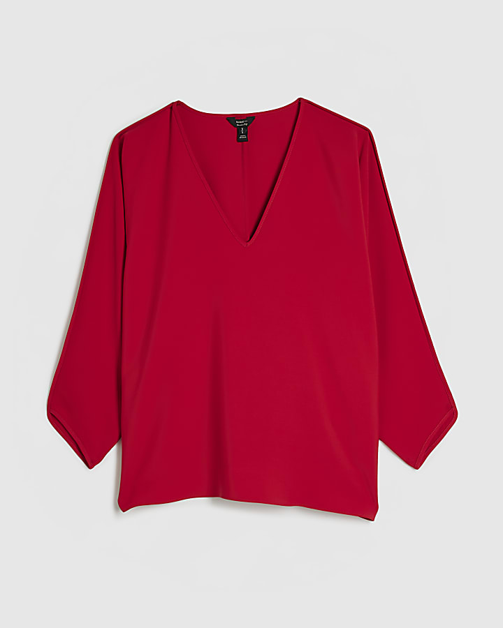 Red V Neck Batwing Top