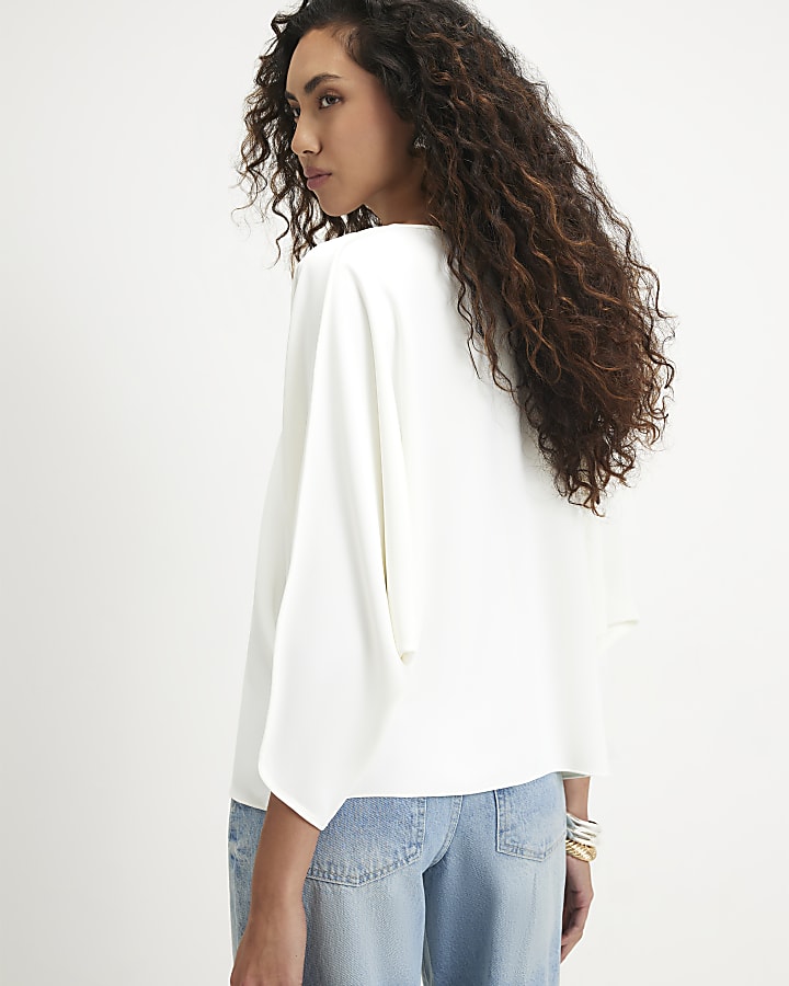 White V Neck Batwing Top