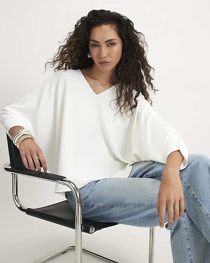 White V Neck Batwing Top