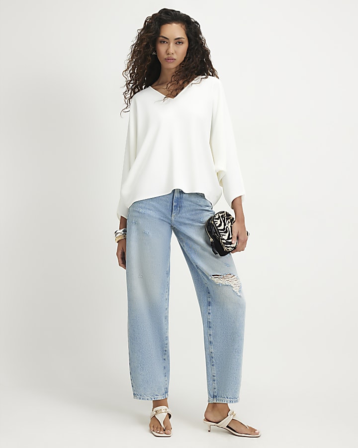 White V Neck Batwing Top