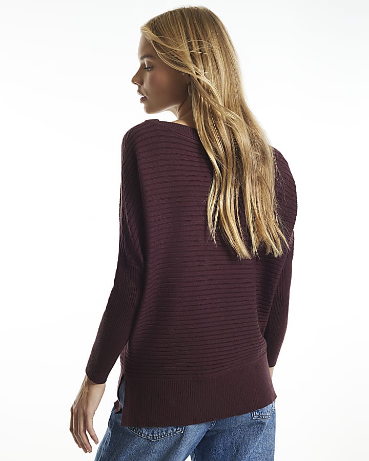 Burgundy Knit Wide Neck Rib Jumper