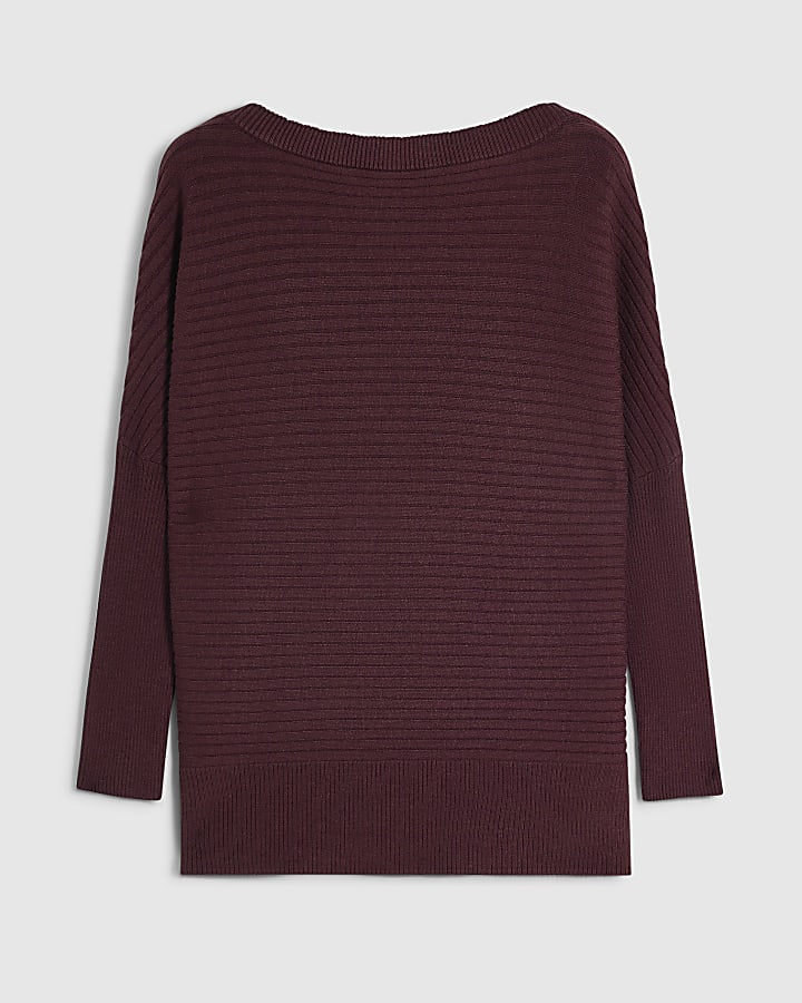 Burgundy Knit Wide Neck Rib Jumper