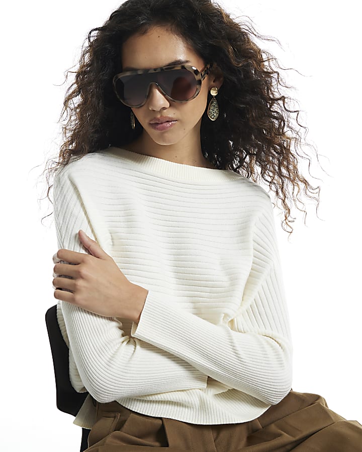 Cream Knit Wide Neck Rib Jumper